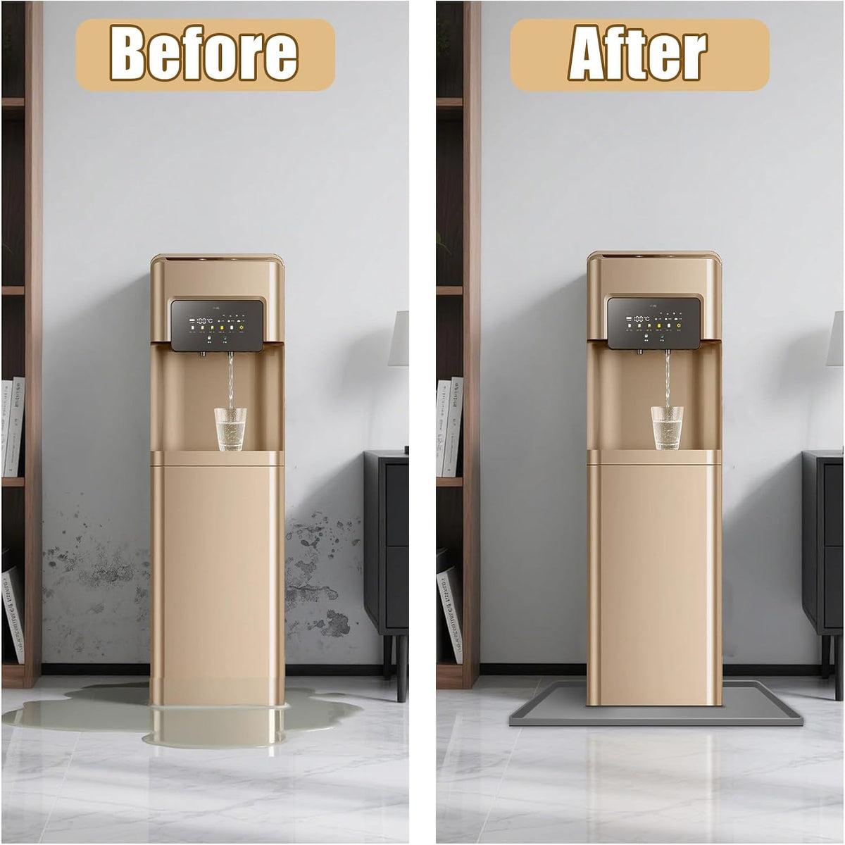 24x16x0.8 Inch Waterproof Water Cooler Mat with Raised Edge - Non-Slip Spill Drip Tray for Cooler Dispensers, Easy to Clean Mat for Floor & Countertop Protection in Kitchen, Office, Bedroom (Grey)