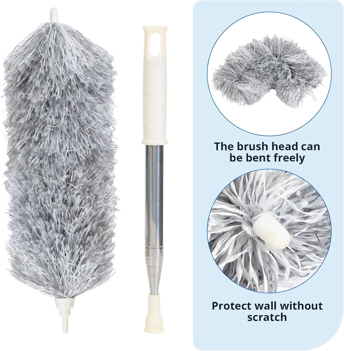 ZZ LAZYCOTTAGE Duster with Extension Pole & Flexible Head, Gray Feather Duster, Long Ddusters for Cleaning for High Ceilings, Walls, Fans, Cobweb and Furniture