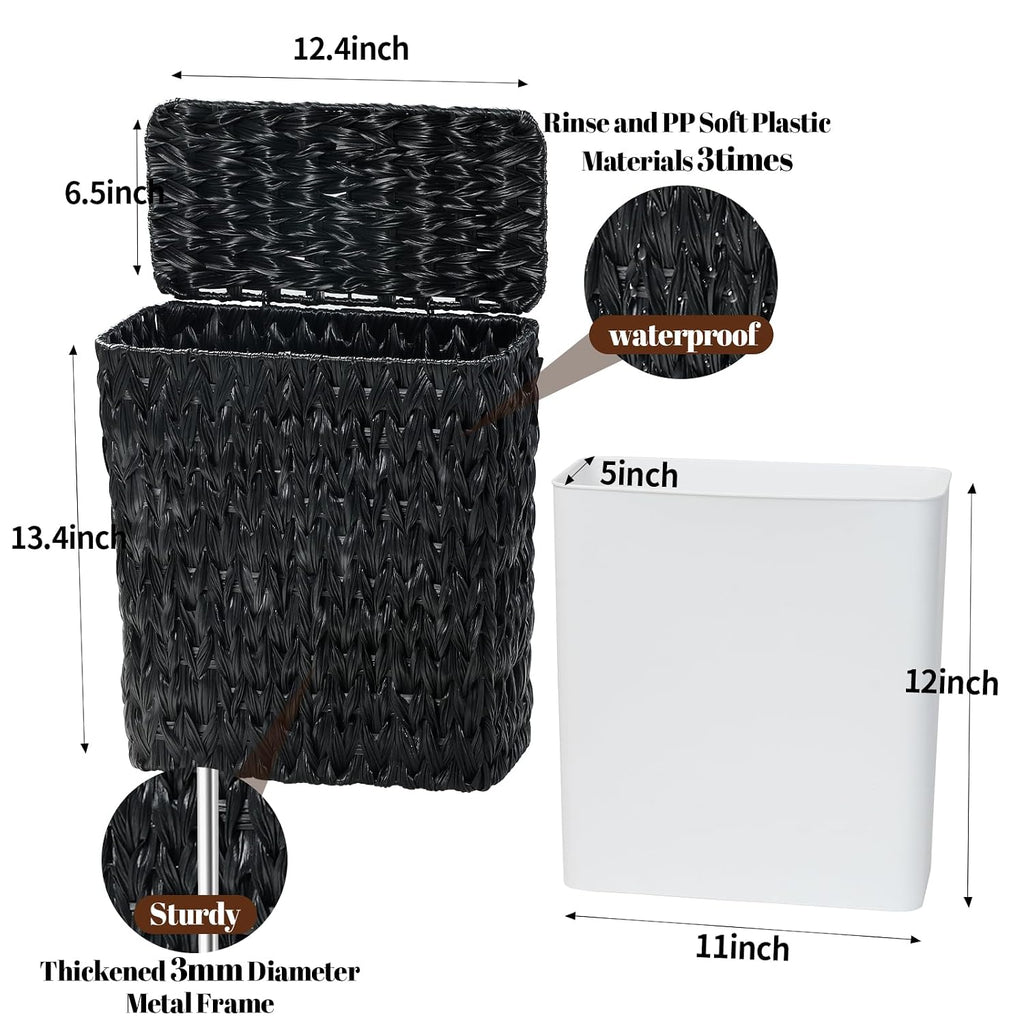 Wicker Trash Can with Lid & Liner, Small Bathroom Waste Basket, Black