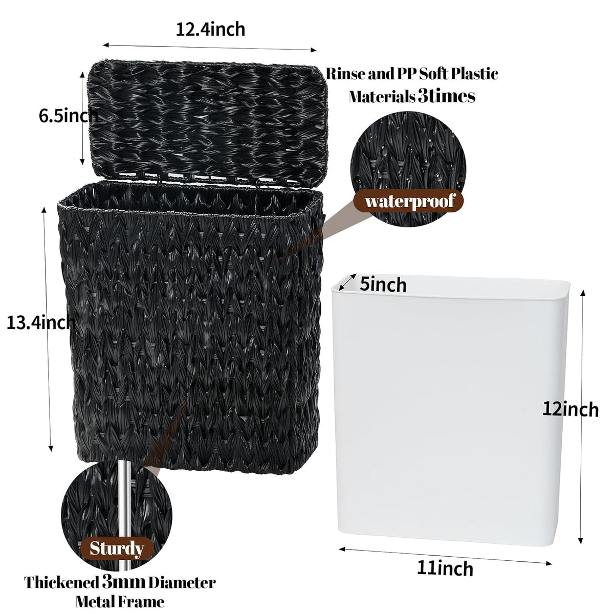 Wicker Trash Can with Lid & Liner, Small Bathroom Waste Basket, Black