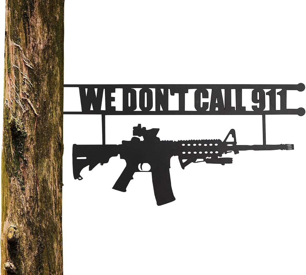 No Trespassing Sign "You're In Range" Metal Wall Tree Hanger Decor – Outdoor Indoor Gun Owners "We Don't Call 911" Monogram Display – Heavy Duty Steel Security Warning – Home Protection – 12.5" Tall