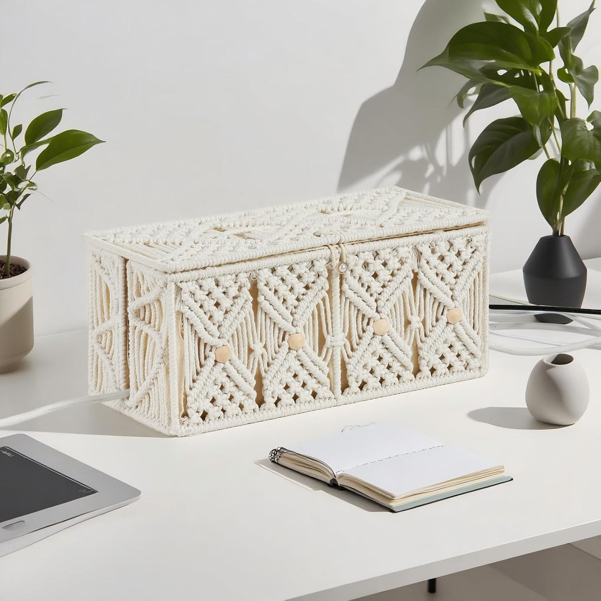 Cable Management Box Handmade Macrame Cord Storage Organizer