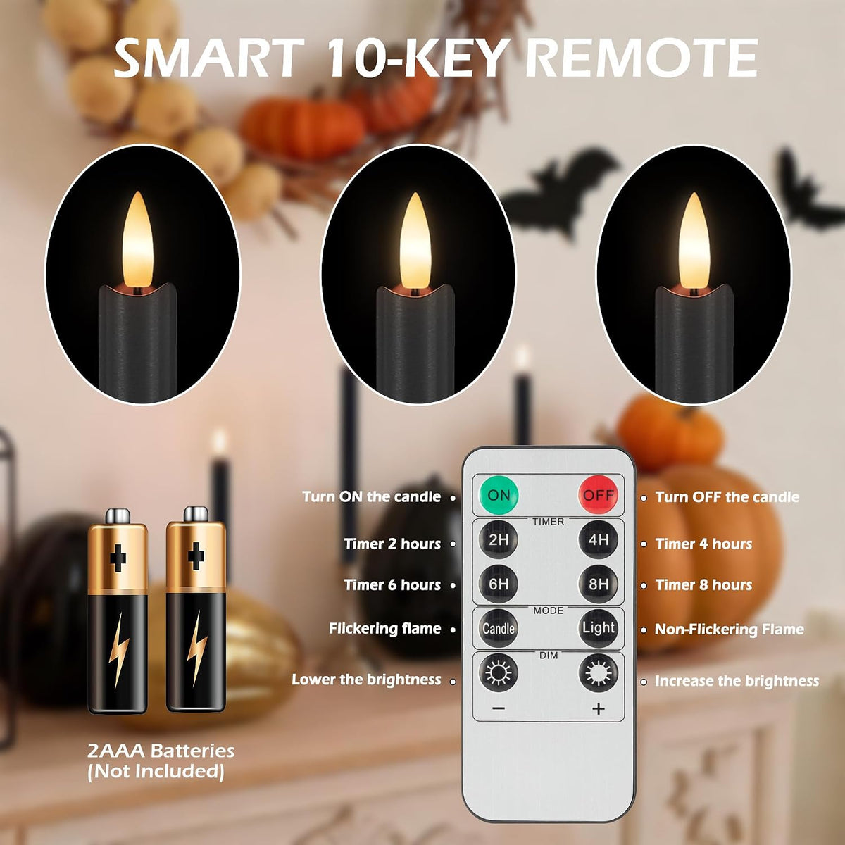 JOIONE Halloween Black Flameless Taper Candles with Remote Set of 3