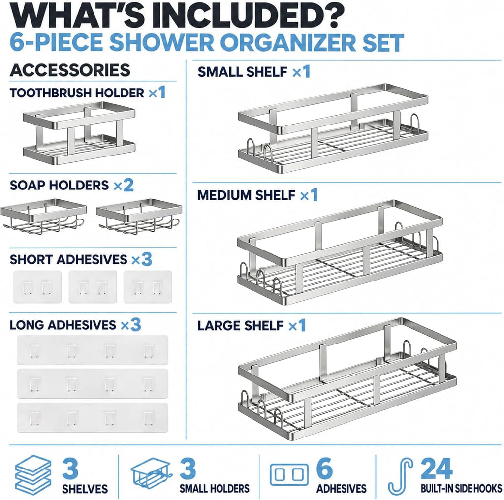 Youvip 6 Pack Shower Shelves, No Drilling Shower Organizers, Silver