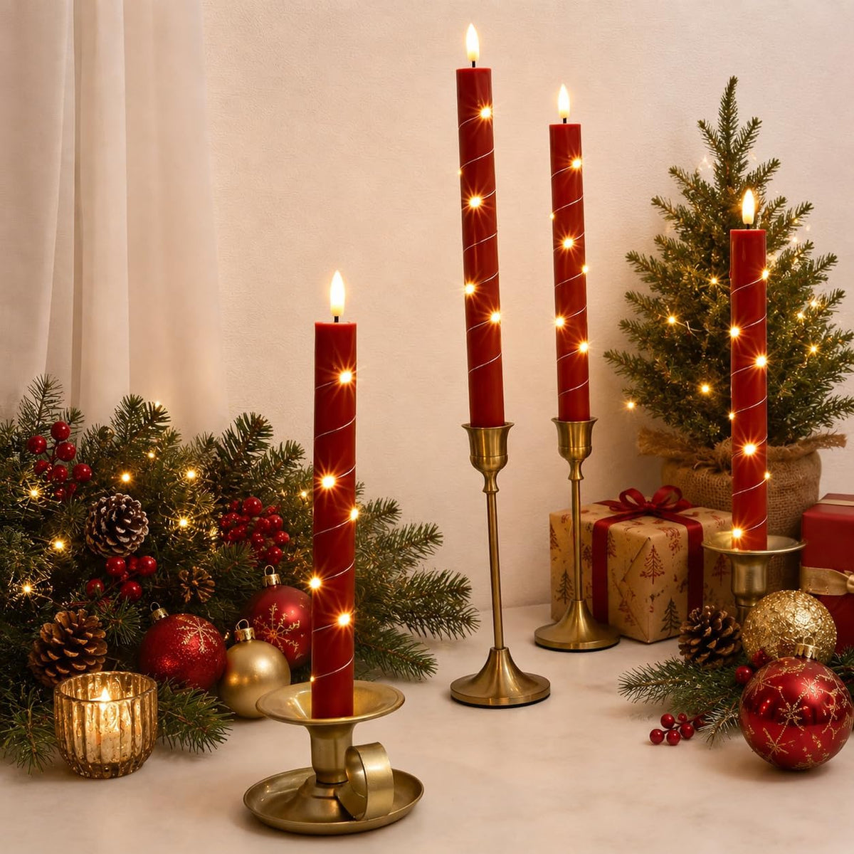 JOIONE Christmas Flameless Taper Candles with Remote，6Pcs Xmas Decor