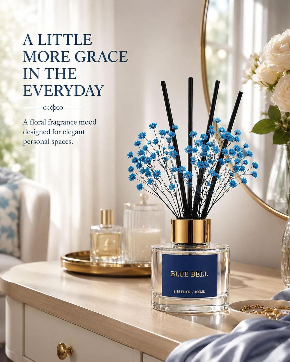 Reed Diffuser Set, Blue Bell, 3.38 fl oz with 6 Sticks