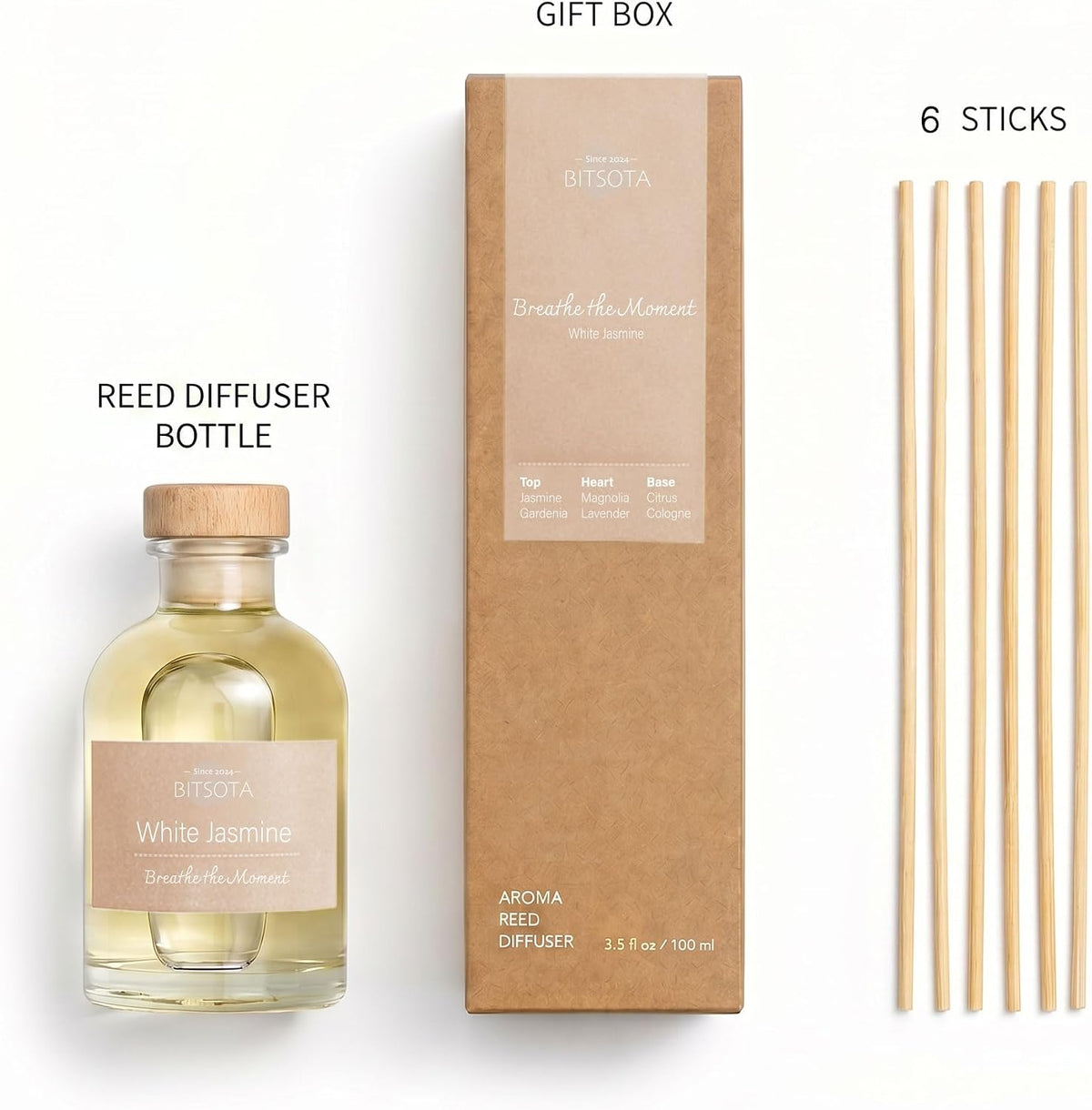 Natural Reed Diffuser Set, White Jasmine 3.52 oz (100ml) Scented Diffuser with Sticks Home Fragrance Reed Diffuser for Bathroom Shelf Decor, Ideal Gift for Woman