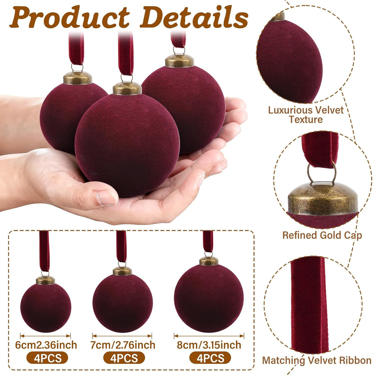 12Pcs Burgundy Velvet Ornaments, Flocked Christmas Ball Ornaments