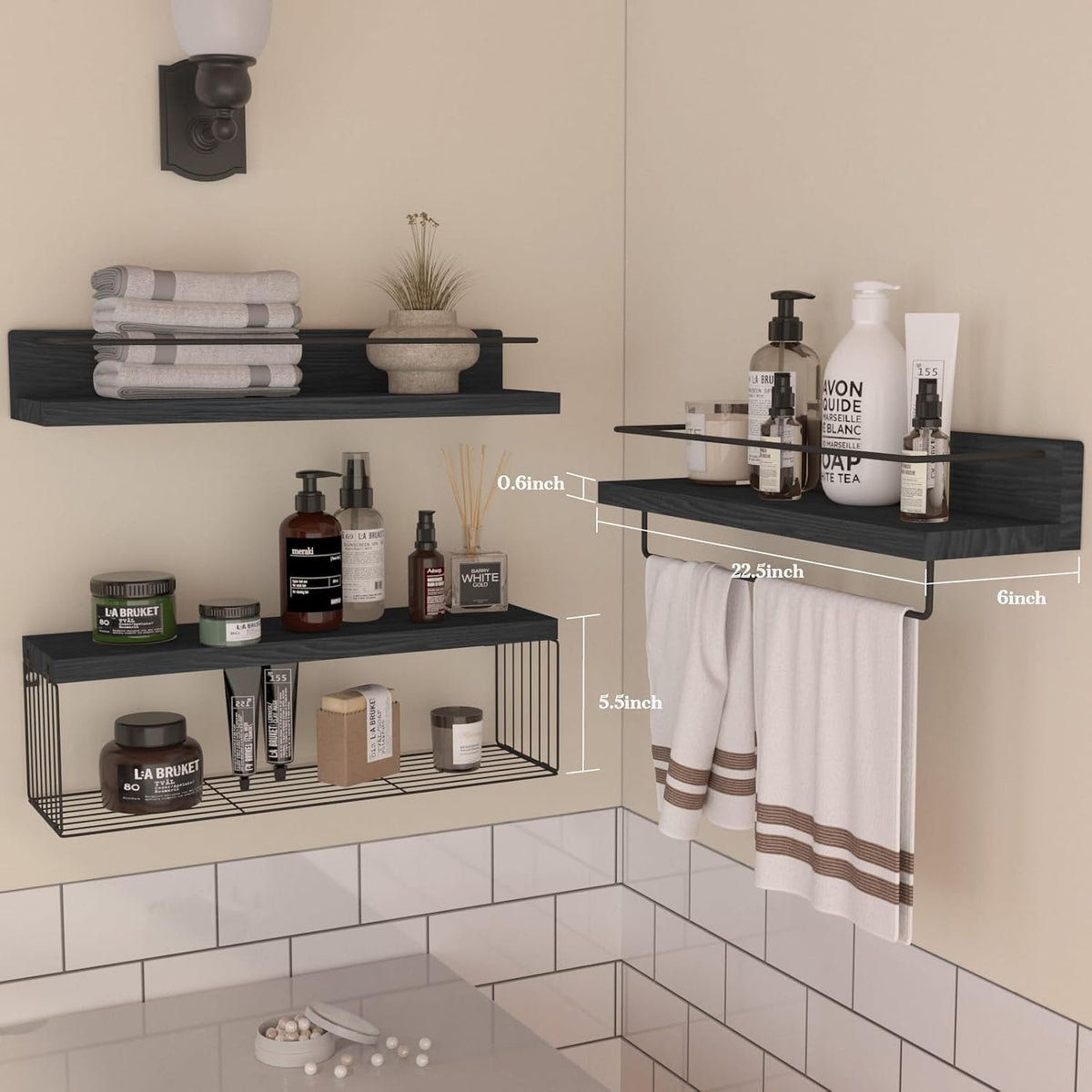 PopiShelves 22.5 inches Bathroom Shelves Over Toilet for Wall, Floating Shelves with Storage Basket Paper Holer for Kitchen Living Room, Bedroom & Classroom, Set of 3 (Black)