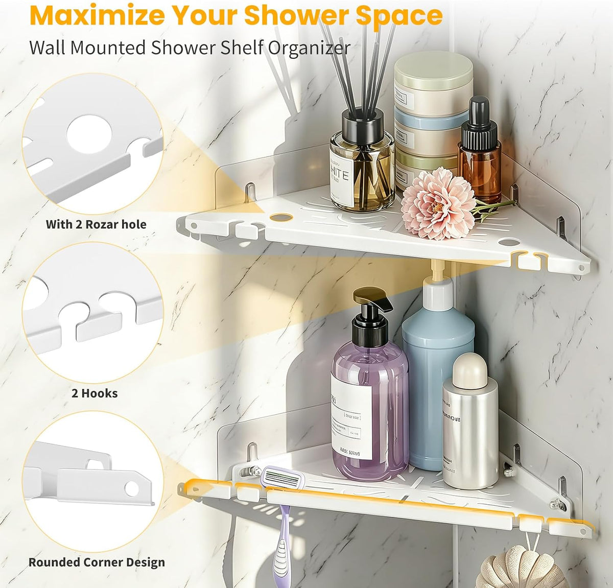 Corner Shower Caddy, 2 Pack Adhesive Shower Corner Organizer Shelf,No Drill