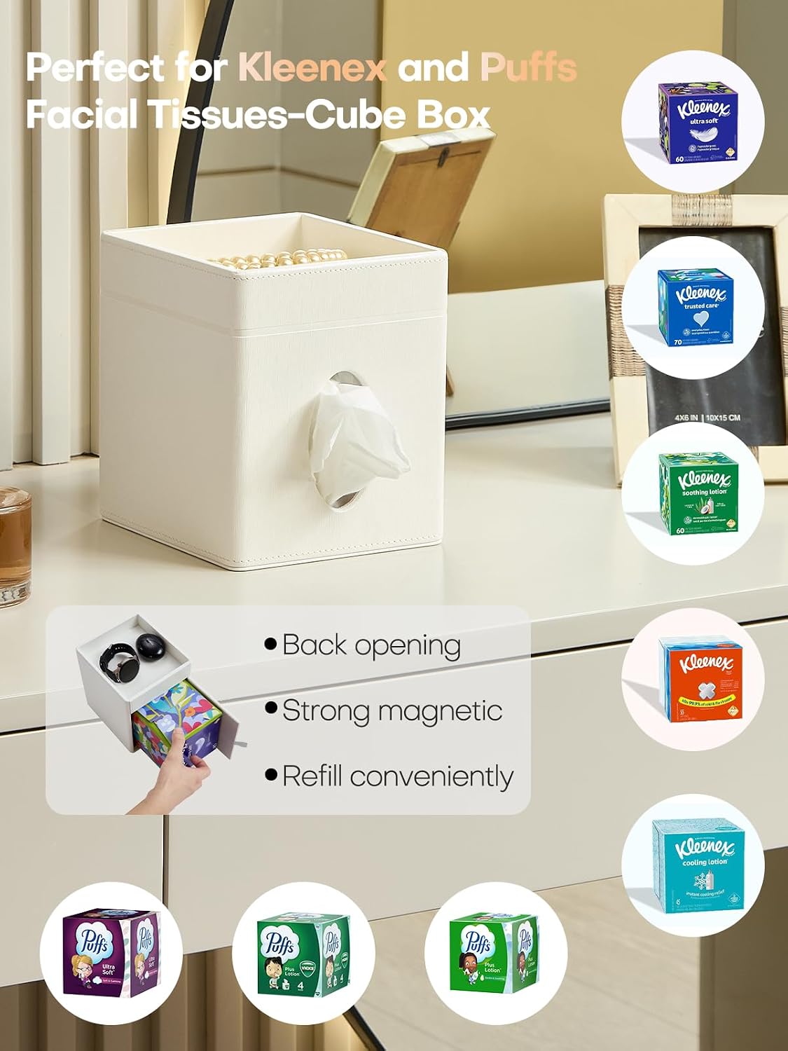 Square Tissue Box Cover Holder with Tray Compatible with Kleenex/Puffs Cubes,Patented Metal-Look PU Leather (Polar Ice)