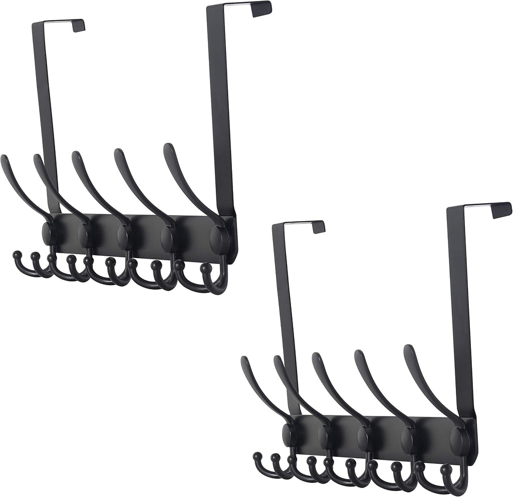 Dseap Over The Door Hook Hanger - Fits 1 3/8" to 1 3/4" Standard Doors | 5 Tri Hooks Heavy Duty Towel/Coat Rack | Door Organizer for Clothes, Jackets, Hats, Towels, Black, Pack of 2