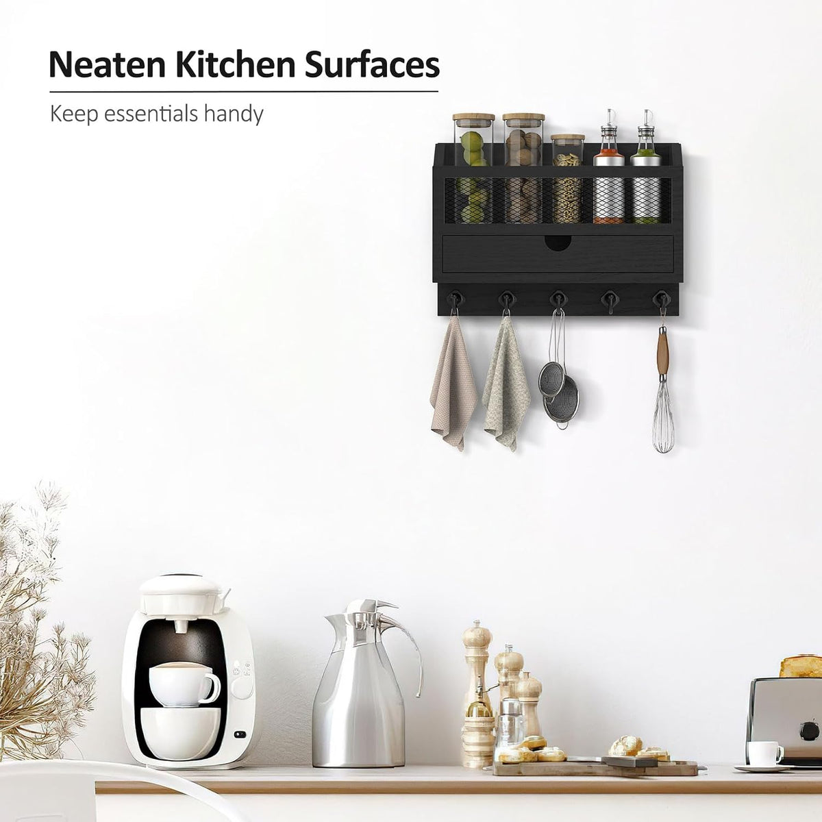 Nekon Key and Mail Holder for Wall, Key Organizer with Drawer, Black