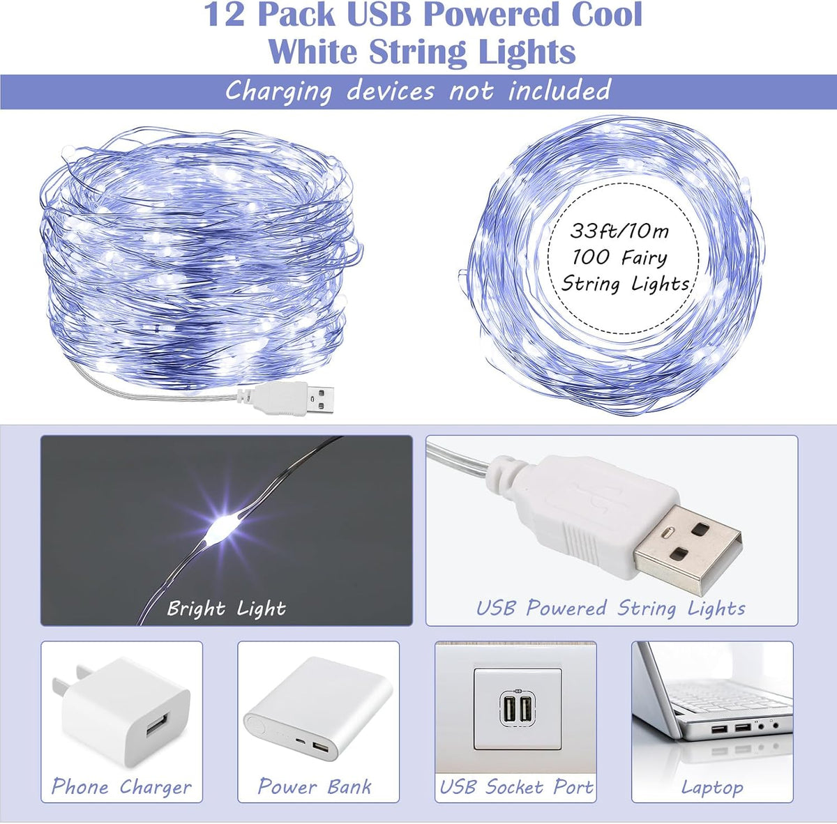 Macarrie 12 Pcs USB Fairy Lights 33ft 100 LED, White