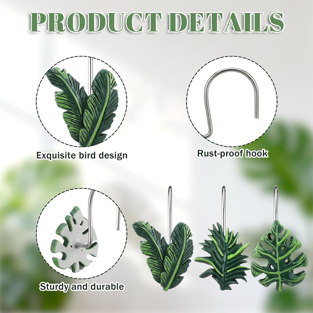 Amyhill 12 Pcs Tropical Leaf Decorative Shower Curtain Hooks Cute Green Monstera Deliciosa Leaves Curtain Rings Hanger Stainless Steel Resin Tropical Botanical Themed Hooks for Home Bathroom Decor