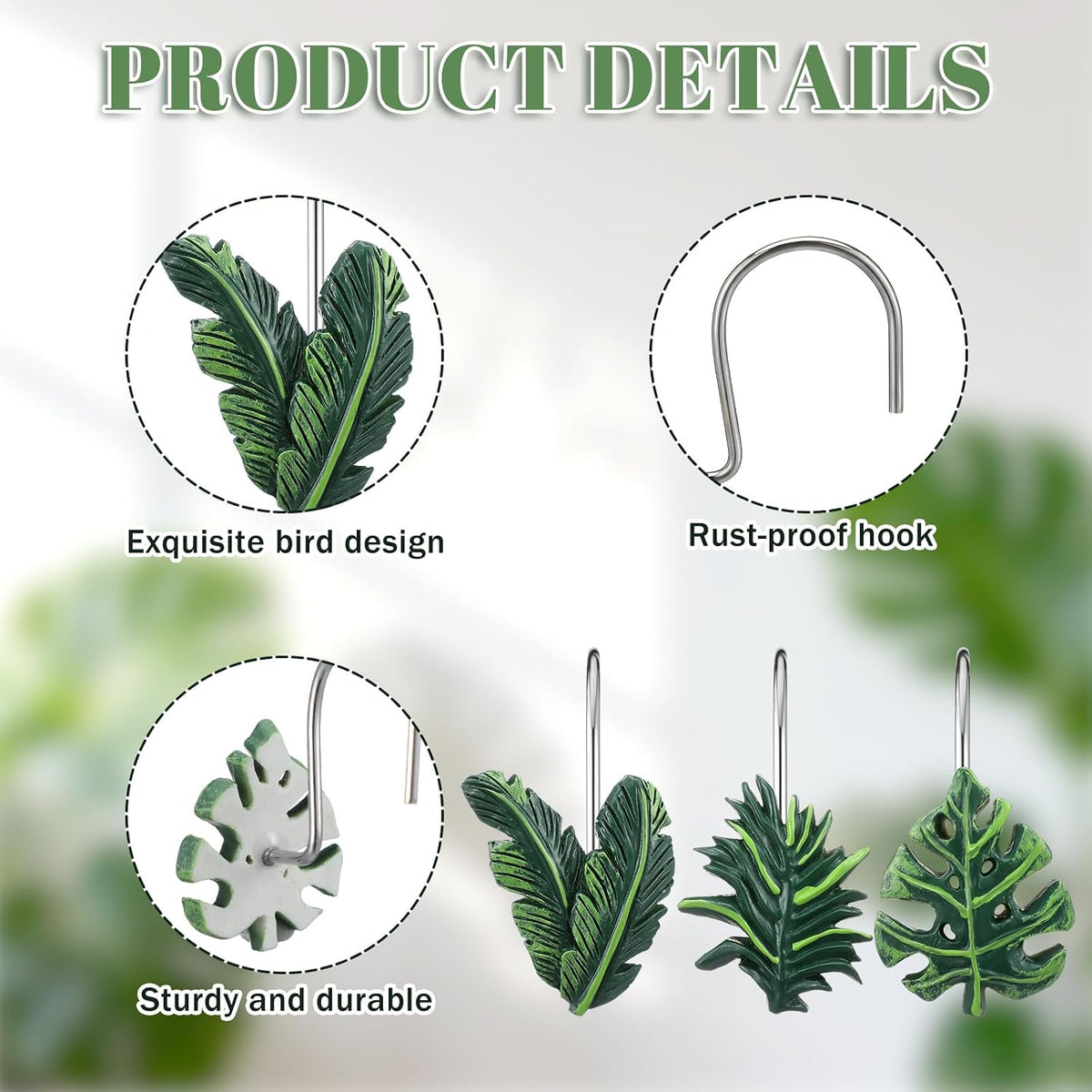 Amyhill 12 Pcs Tropical Leaf Decorative Shower Curtain Hooks Cute Green Monstera Deliciosa Leaves Curtain Rings Hanger Stainless Steel Resin Tropical Botanical Themed Hooks for Home Bathroom Decor