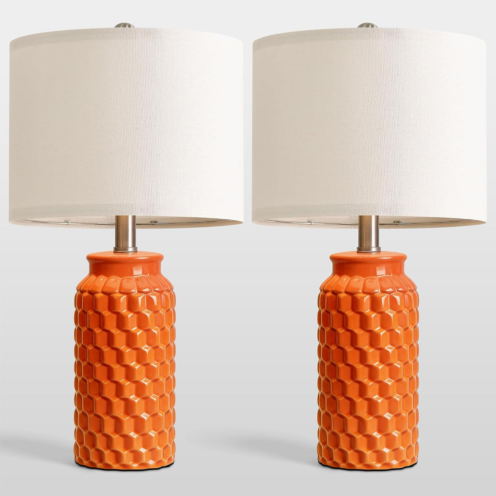 USumkky 20.5" Ceramic Table Lamps Set of 2, Modern Farmhouse Boho Bedside Lamps for Bedroom, Nightstand Lamps for Living Room End Tables, Small Desk Lamps, Orange