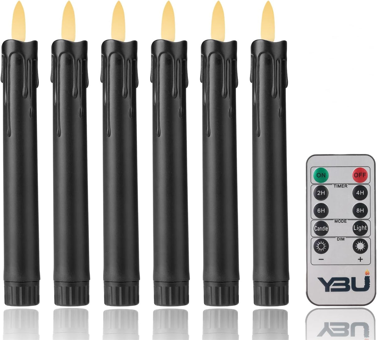 YBU Flameless Taper Candles with Remote 7 Inches Led Candle Sticks with Flickering Light Timer Dimmer Battery Operated Window Candles for Halloween Christmas Decoration (Black)