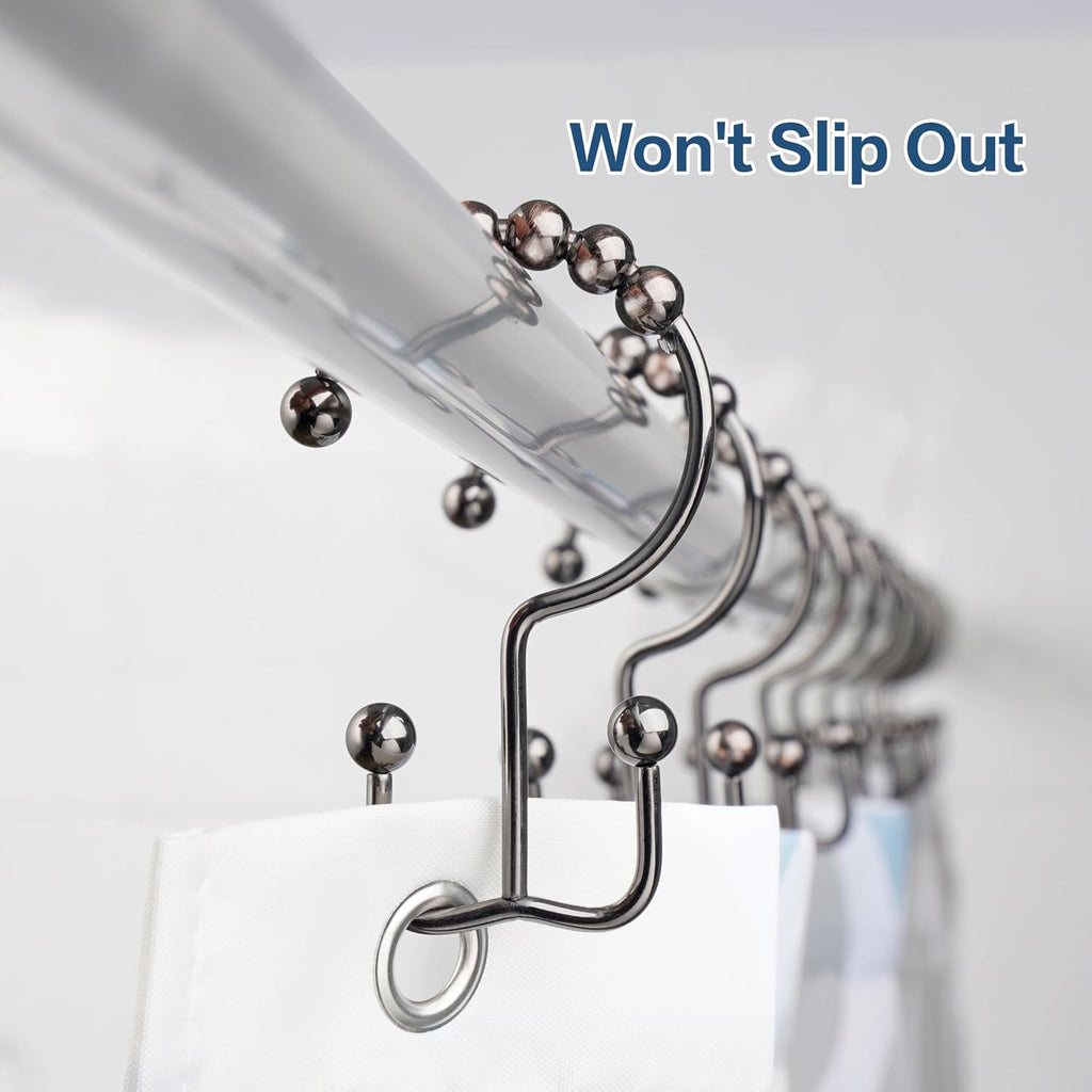 DAWNER Shower Curtain Hooks Rings, Rust Proof Hooks, Metal Easy Glide Double Shower Rings Hooks, Stainless Steel Shower Curtain Hangers for Bathroom Shower Curtains, Set of 12 Hooks, Brushed Bronze