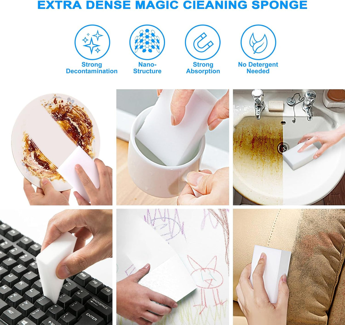 50 Pack Melamine Sponges, Magic Sponge Eraser, Durable Multi-Purpose Premium Melamine Foam Eraser for All Oil Stains, Coffee Cup Stains, Bathroom, Kitchen, Leather, Shoes, Walls, car interiors.
