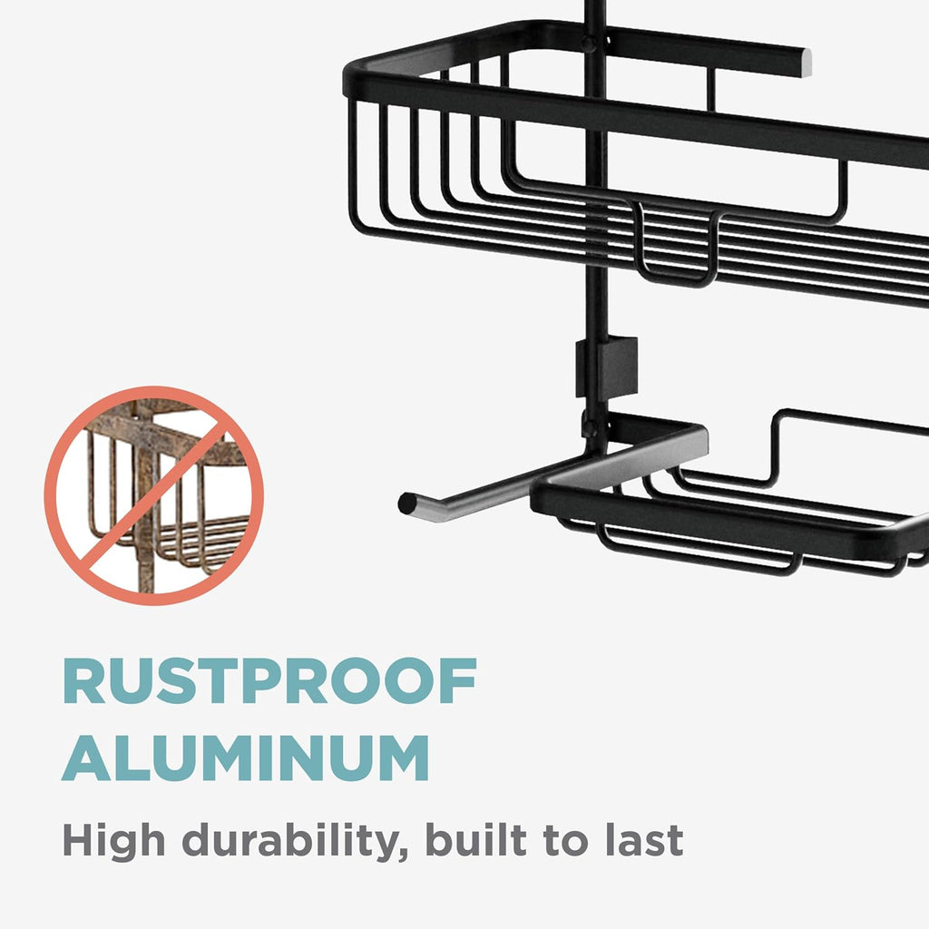 Zenna Home Rustproof Hanging Shower Caddy, Over the Shower Head Caddy with 2 Shelves and Built In Hooks, Aluminum Bathroom Hanging Organizer, Black
