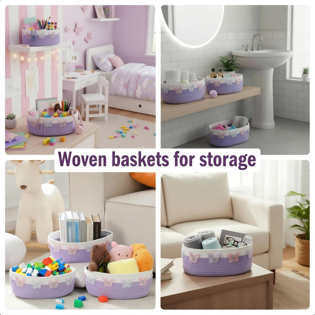 Geelin 3 Pcs Purple Baskets for Gift Cute Butterfly Woven Rope Gift Baskets Rectangle Shelf Organizer Laundry Hamper Storage Bins for Closet Bedroom Decor Nursery Toys Organizing, 11.8''x7.8''x4.7''