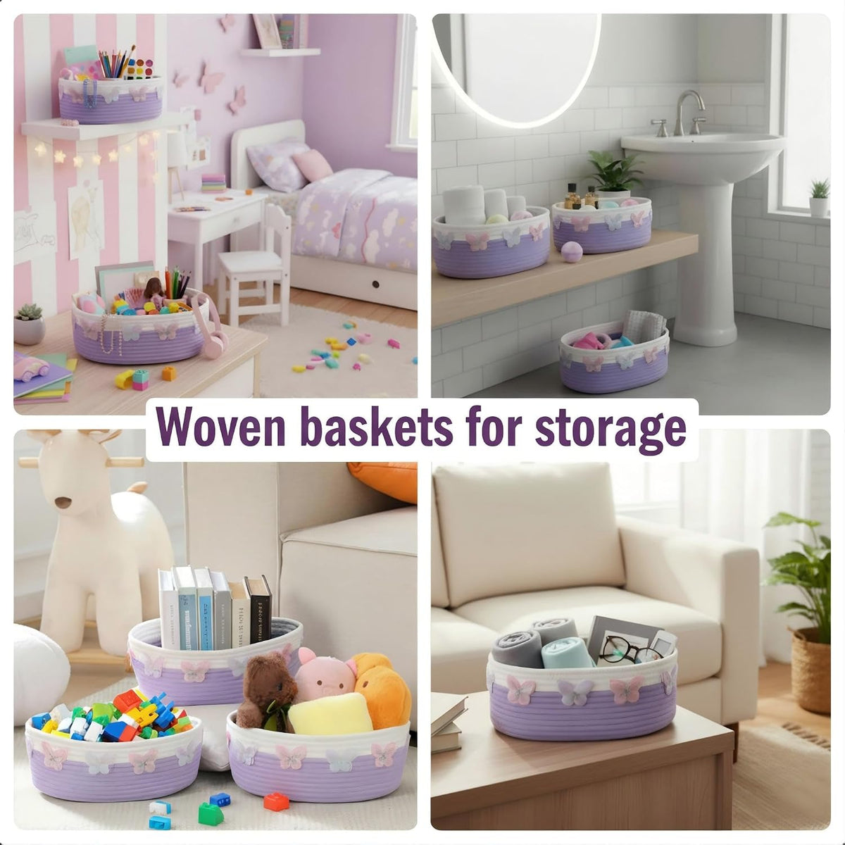 Geelin 3 Pcs Purple Baskets for Gift Cute Butterfly Woven Rope Gift Baskets Rectangle Shelf Organizer Laundry Hamper Storage Bins for Closet Bedroom Decor Nursery Toys Organizing, 11.8''x7.8''x4.7''