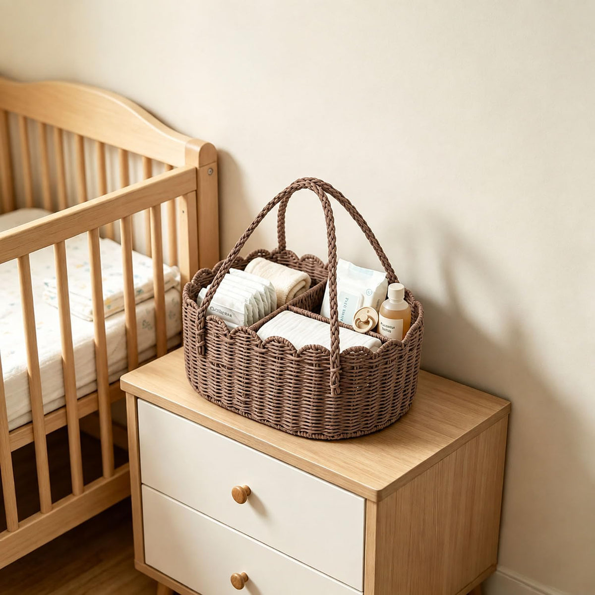 Diaper Caddy Organizer, Paper Rope Storage Baskets Nursery Bin with Removable Divider, Portable Car Organizer for Diapers, Baby Shower Gifts, Newborn Essentials Must Haves (Brown)