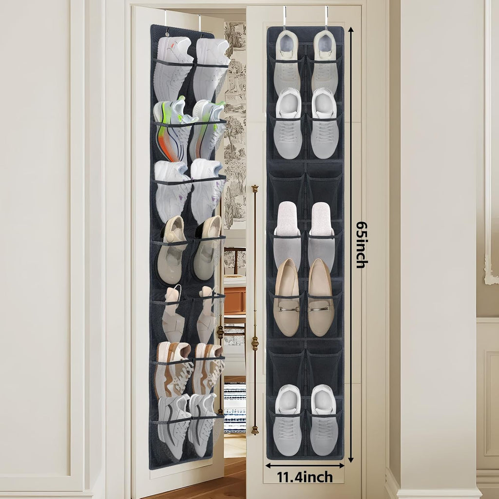 PVWSG Over The Door Shoe Organizer, 14 Large Mesh Pockets Hanging Shoe Rack for Closet Organizers and Storage, 2-pack (black)