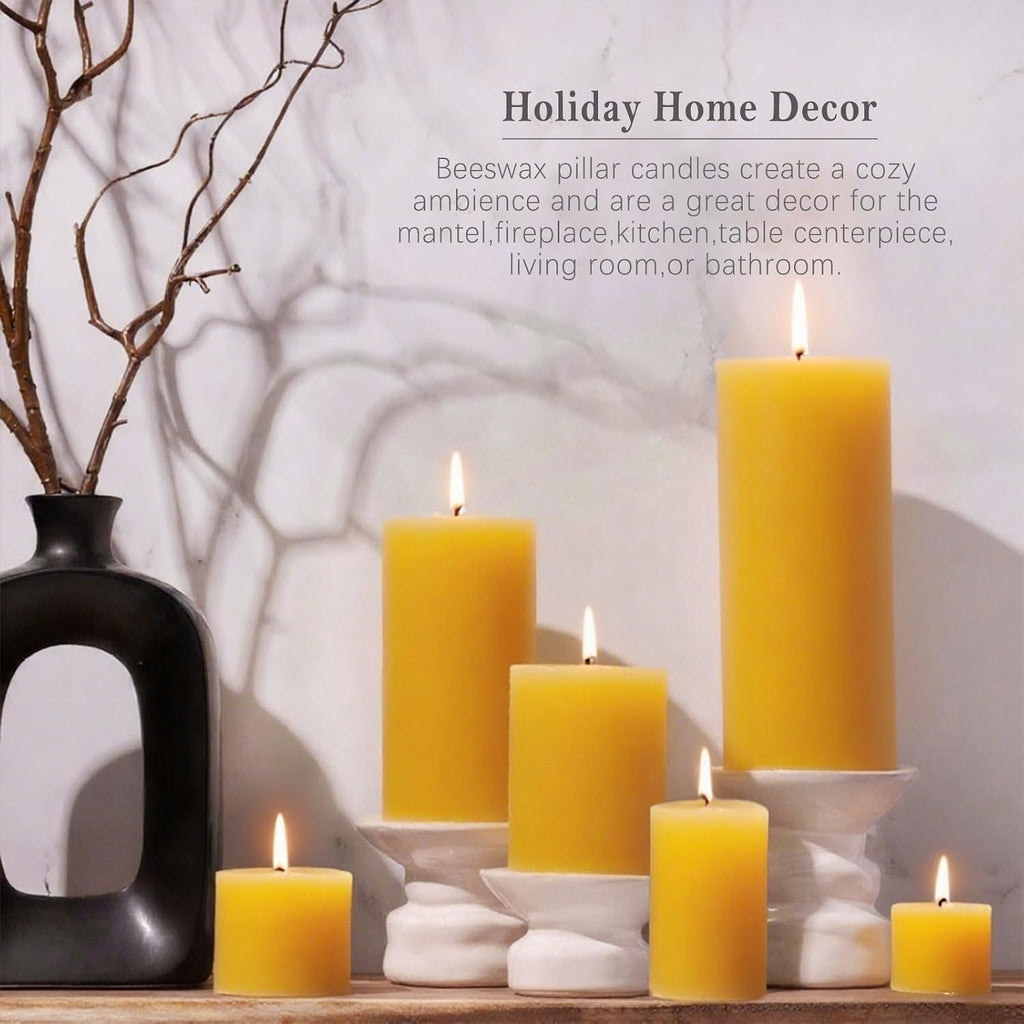 Beeswax Candles Set of 6, Non Toxic Natural Pillar Candle Bulk