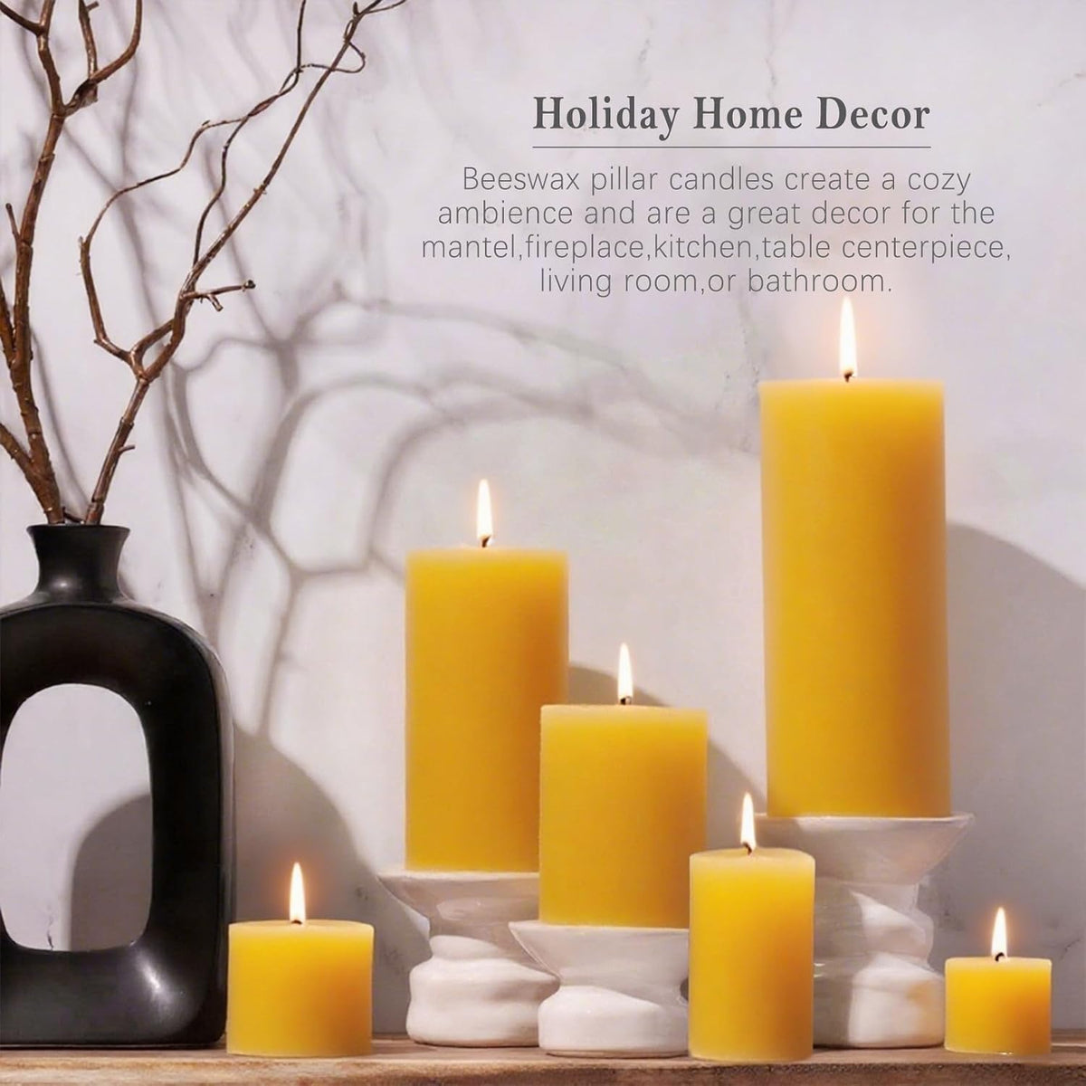 Beeswax Candles Set of 6, Non Toxic Natural Pillar Candle Bulk