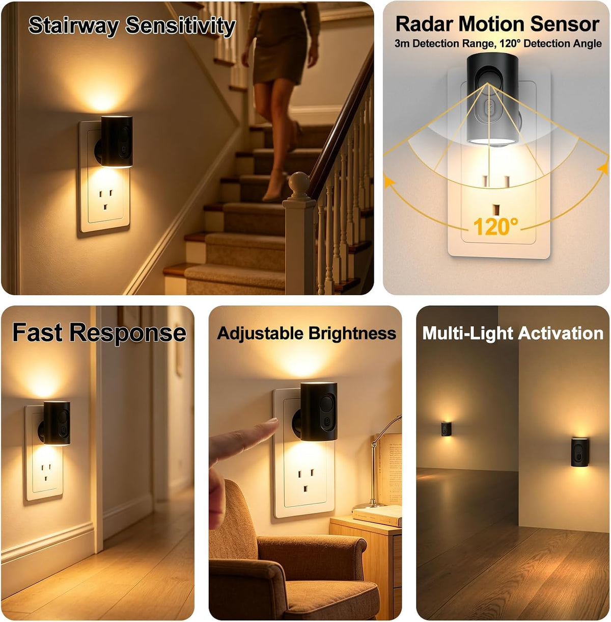 Plug in LED Night Light, Motion Sensor, Warm White Dimmable, Black 2 Pack