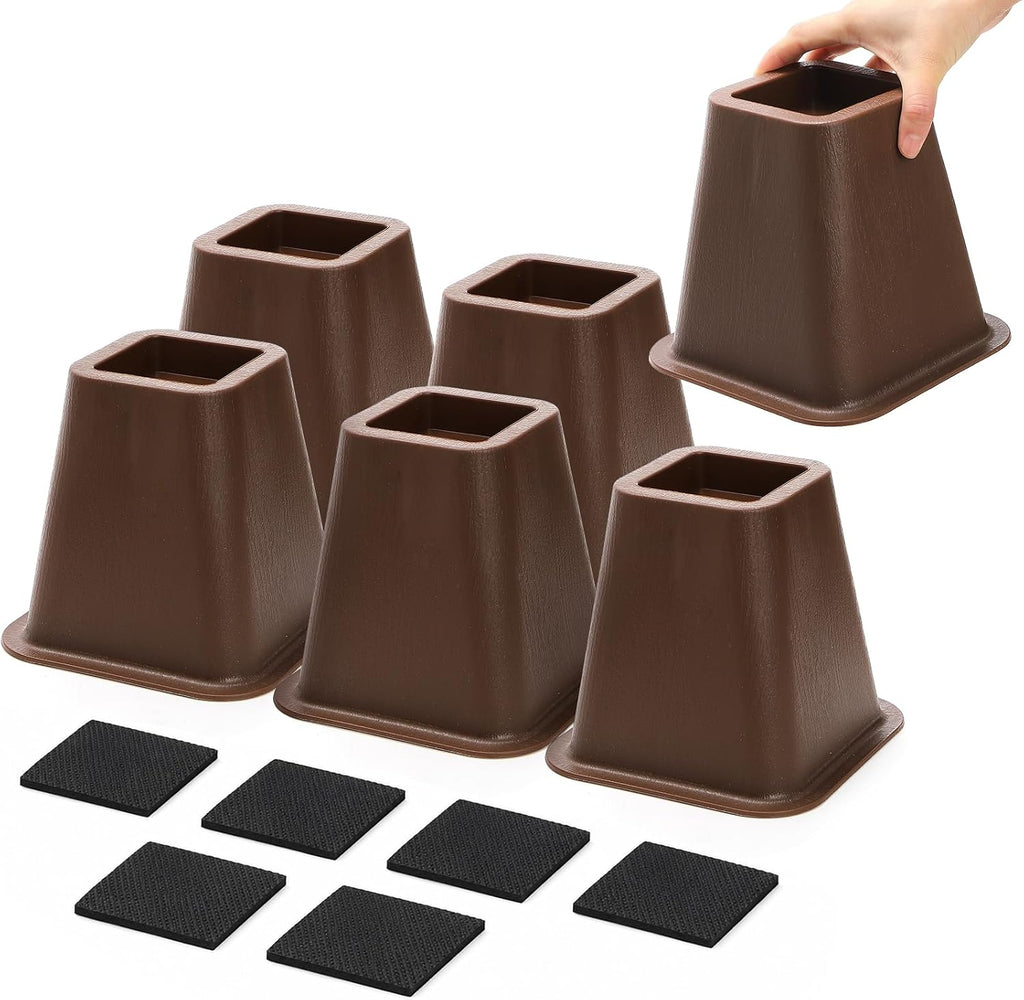 6 inch Large Bed Furniture Risers, 6 Pack Heavy Duty Couch Lifter for Sofa, Chair, Cabinet, Desk, Durable ABS Plastic Bed Stilts, Supports up to 2200 lbs, Brown