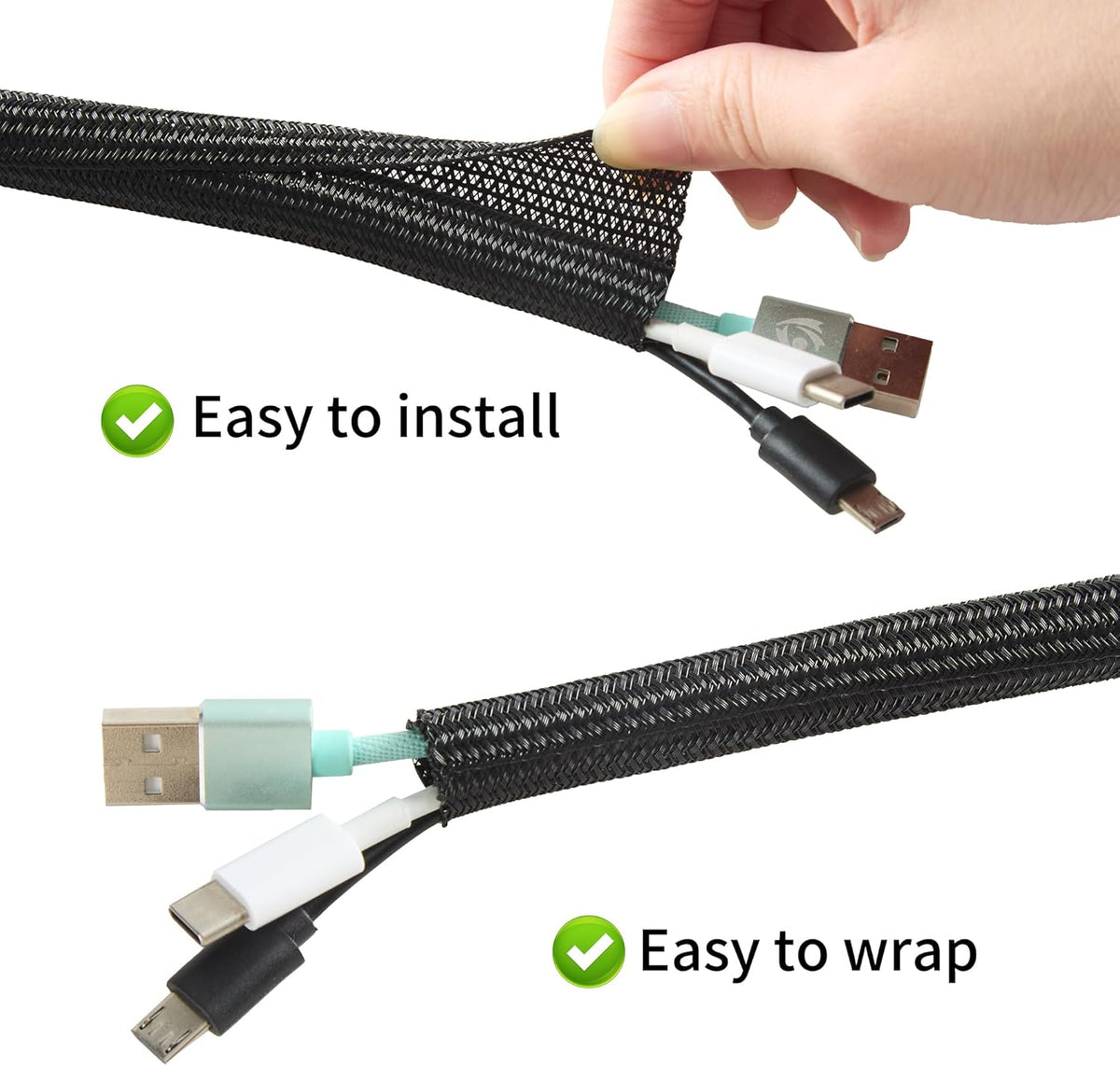 Split Wire Loom 2pcs 3/4 Inch 5ft, Braided Cable Sleeve for Cable Management, Cord Protector for Pets, TV, Desk & Automotive, Black