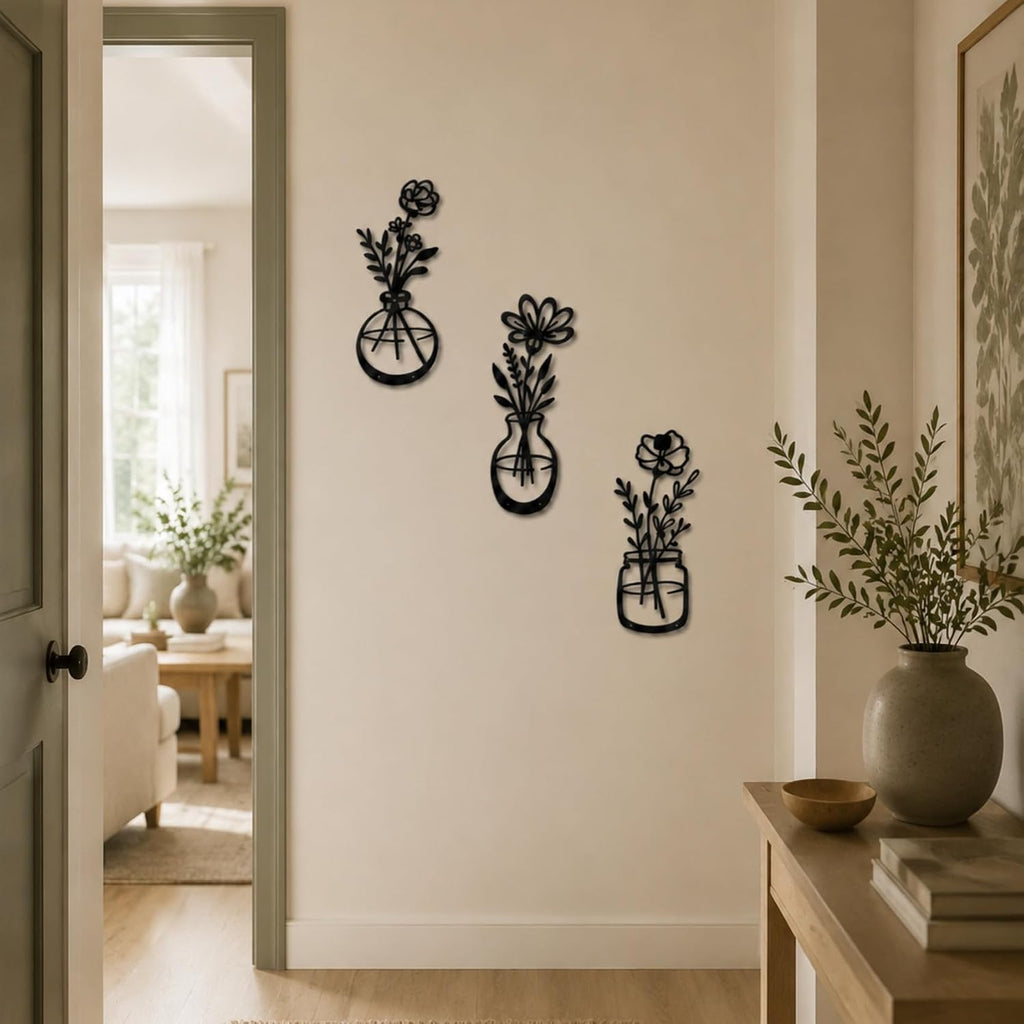 qzmaikoo 3 Pieces Black Metal Flower Wall Decor, Floral Vase Wall Art, Farmhouse Metal Wall Hanging for Bathroom Kitchen Bedroom Hallway