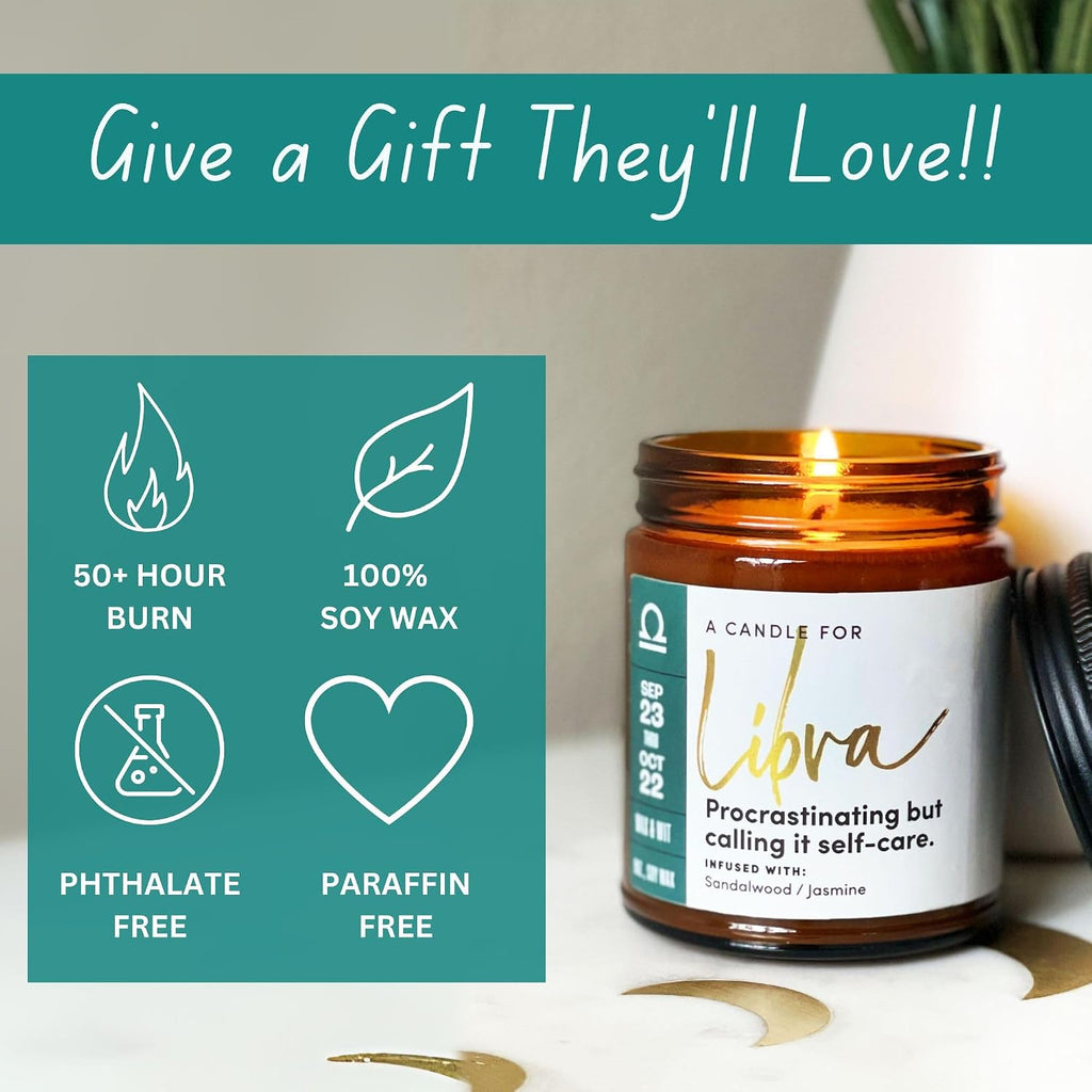 WAX & WIT Libra Candle Gifts for Women, Libra Zodiac Gifts, Astrology Gift for Women, Zodiac Astrology Candle, September October Birthday Gift for Woman - 9oz