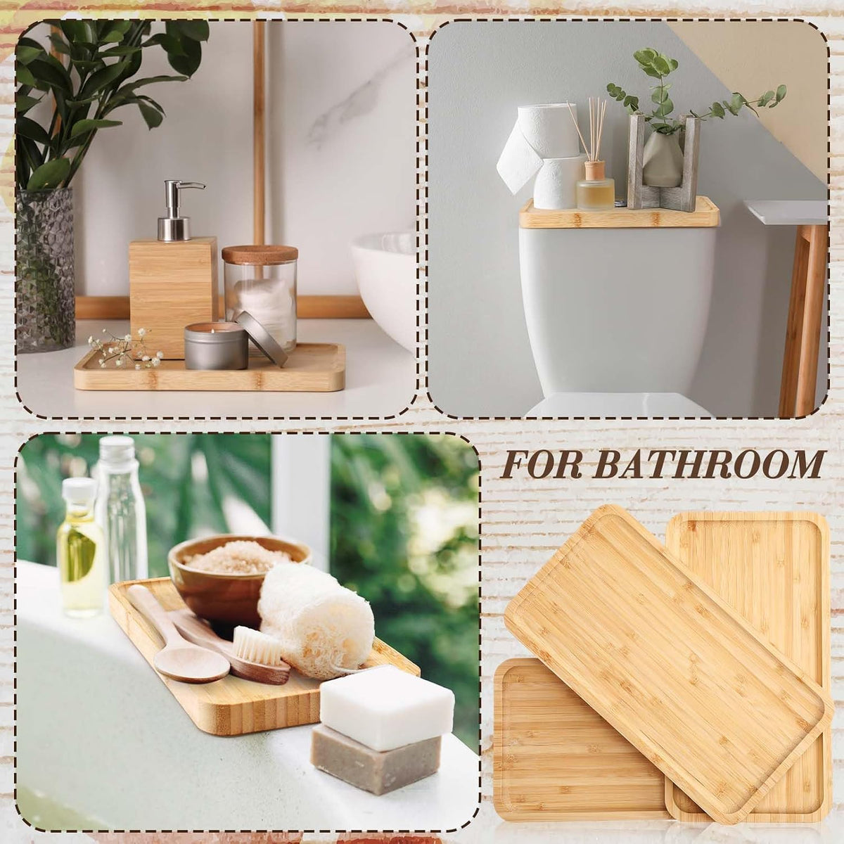 Sieral 3 Pcs Bamboo Tray for Bathroom Bamboo Vanity Bathroom Counter Organizer Decorative Tea Serving Tray for Dresser Coffee Table Home Toilet Tank Candle Perfume (11 x 5.9 Inch)