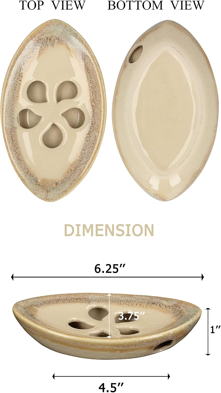 Ceramic Soap Dish with Self Draining Tray for Bar Soap, Bathroom, Kitchen (Ivory No.3)