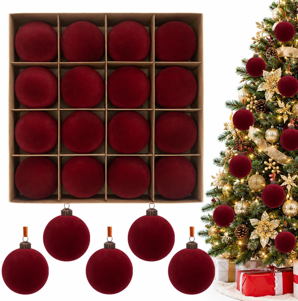 3.15" Burgundy Velvet Christmas Ball Ornaments Set, 16 pcs Flocked Red Xmas Tree Decoration, Large Shatterproof Decorative Hanging Balls for Party Holiday Wreath Garland Home Décor