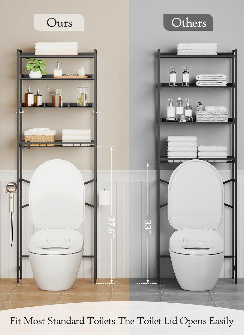 Quikraen 4 Tier Over The Toilet Storage Shelf with 3 Adjustable Shelves, Space Saver Bathroom Organizer with 4 Hooks, Freestanding Above Toilet Rack for Restroom Laundry (Black)