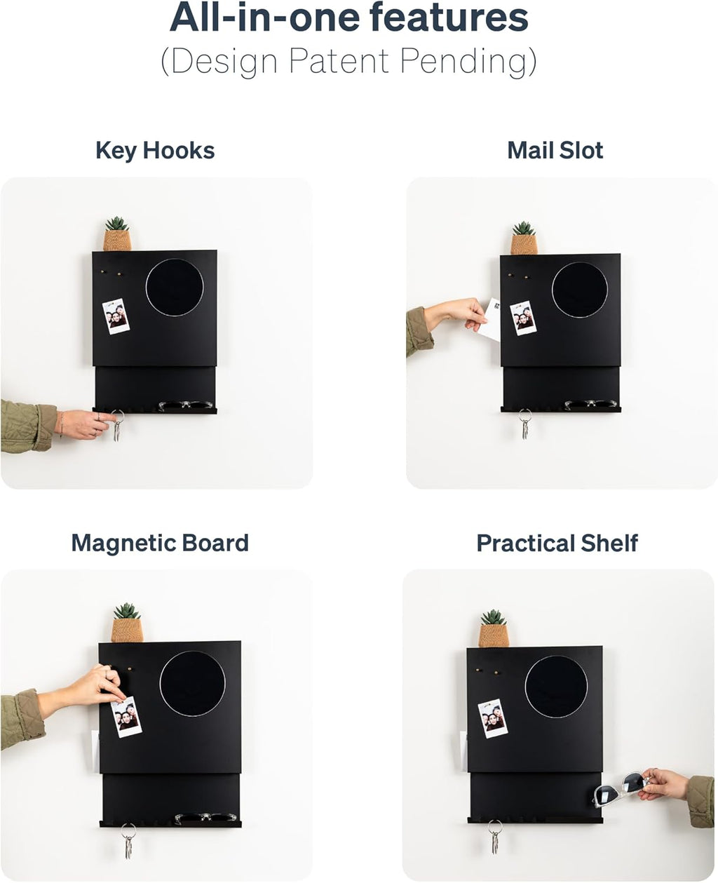 Key Holder Wall Mount and Mail Organizer, Black