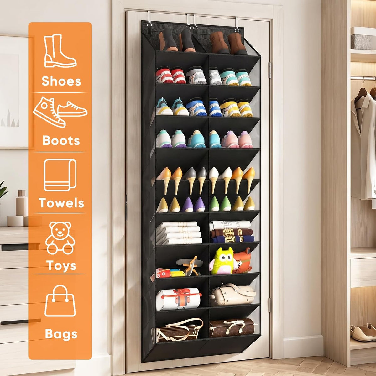 Over the Door Shoe Organizer, 20-30 Pairs Shoe Storage, 10-Tier, Black