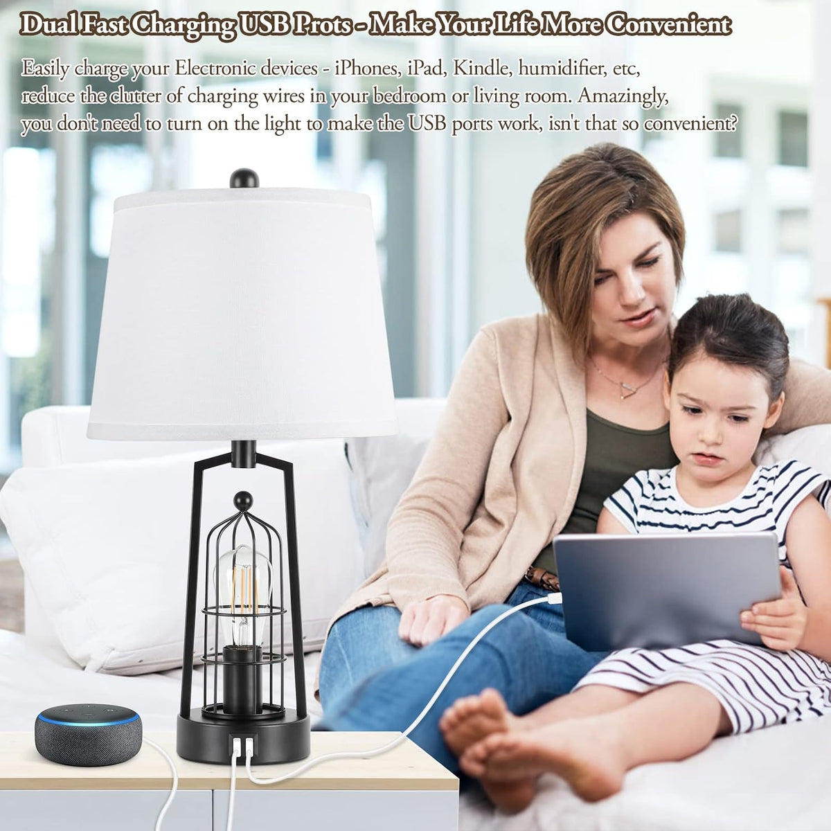 Farmhouse Table Lamps with 2 USB Ports, Set of 2 Rustic Industrial Desk Lamp for Living Room, 2-Light Black Bedside Lamp, Bedroom Nightstand Lamp with White Lampshade for House Decor, Reading