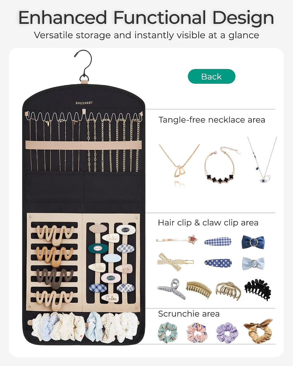 BAGSMART Hanging Jewelry Organizer Claw Clip Necklace Holder Roll for Hair Ties, Headbands, Clips, Earrings, Necklaces, Glasses Double-Sided on Closet, Wall, Door, 1 piece, Large-Baby Pink