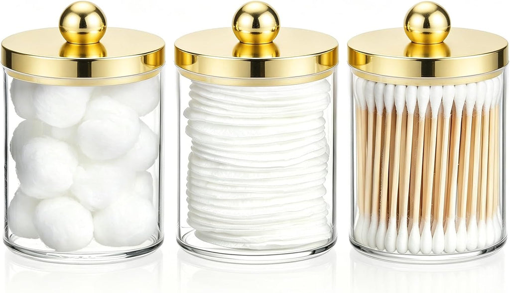 Tbestmax 10oz Qtips Holder Bathroom Container - Plastic Apothecary Jar with Gold Lids for Cotton Bal Swab Round Pads, Floss - Gold