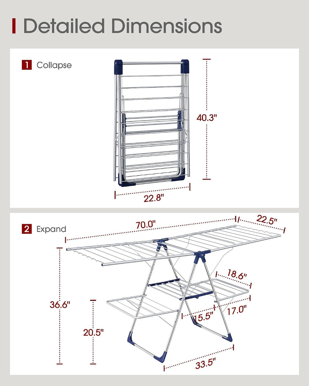 Sakugi Clothes Drying Rack, Foldable 2-Level with 70" Adjustable Wings