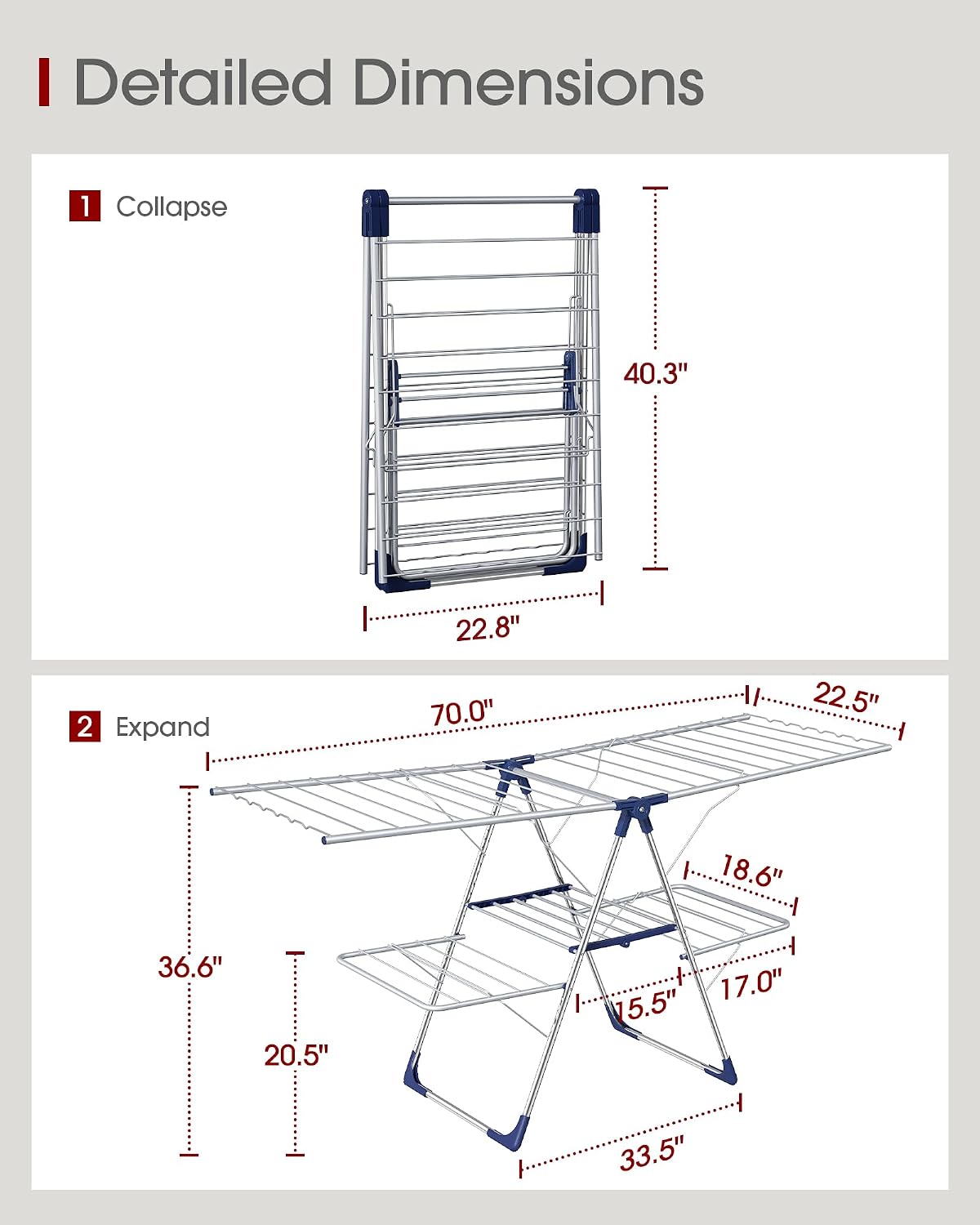 Sakugi Clothes Drying Rack, Foldable 2-Level with 70" Adjustable Wings