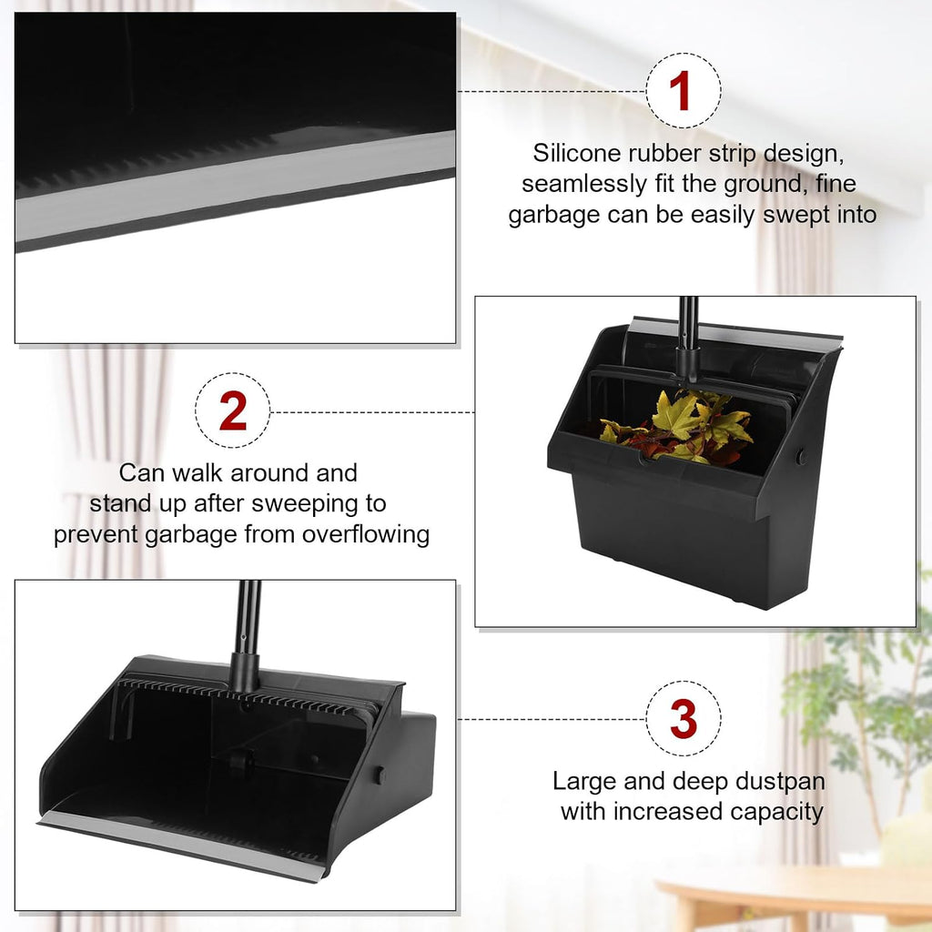 Leumoi 8 Pcs Dust Pans with Long Handle with Comb Stand up Dustpan,Black