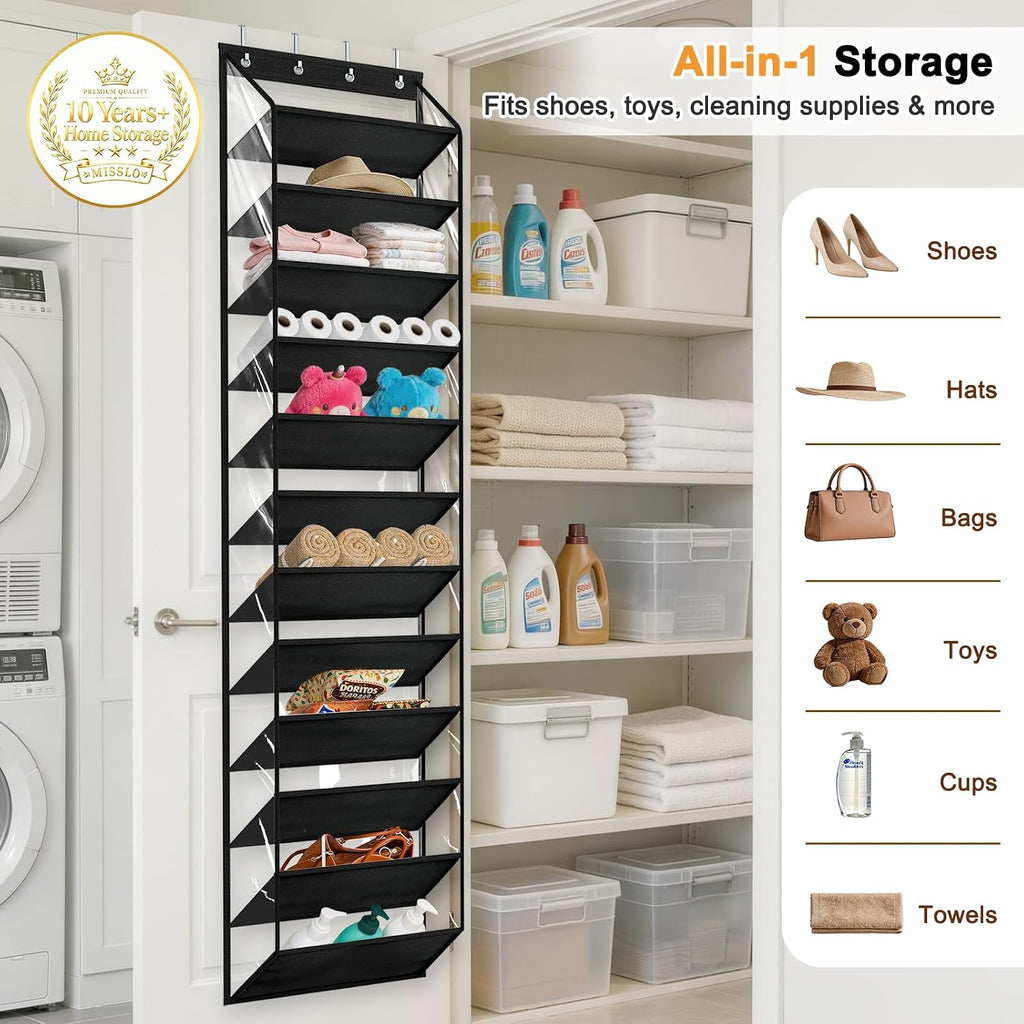 MISSLO 36 Pairs Clear Over the Door Shoe Organizer Closet Hanging Shoe Rack for Door with Large Deep Pockets Shoes Hanger Holder for Sneakers, Boots, Heels Storage (Black)