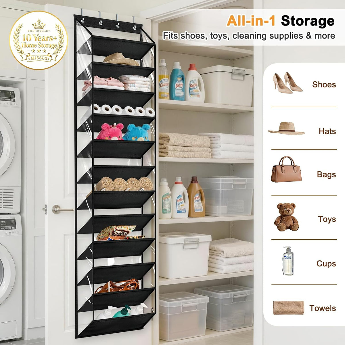 MISSLO 36 Pairs Clear Over the Door Shoe Organizer Closet Hanging Shoe Rack for Door with Large Deep Pockets Shoes Hanger Holder for Sneakers, Boots, Heels Storage (Black)